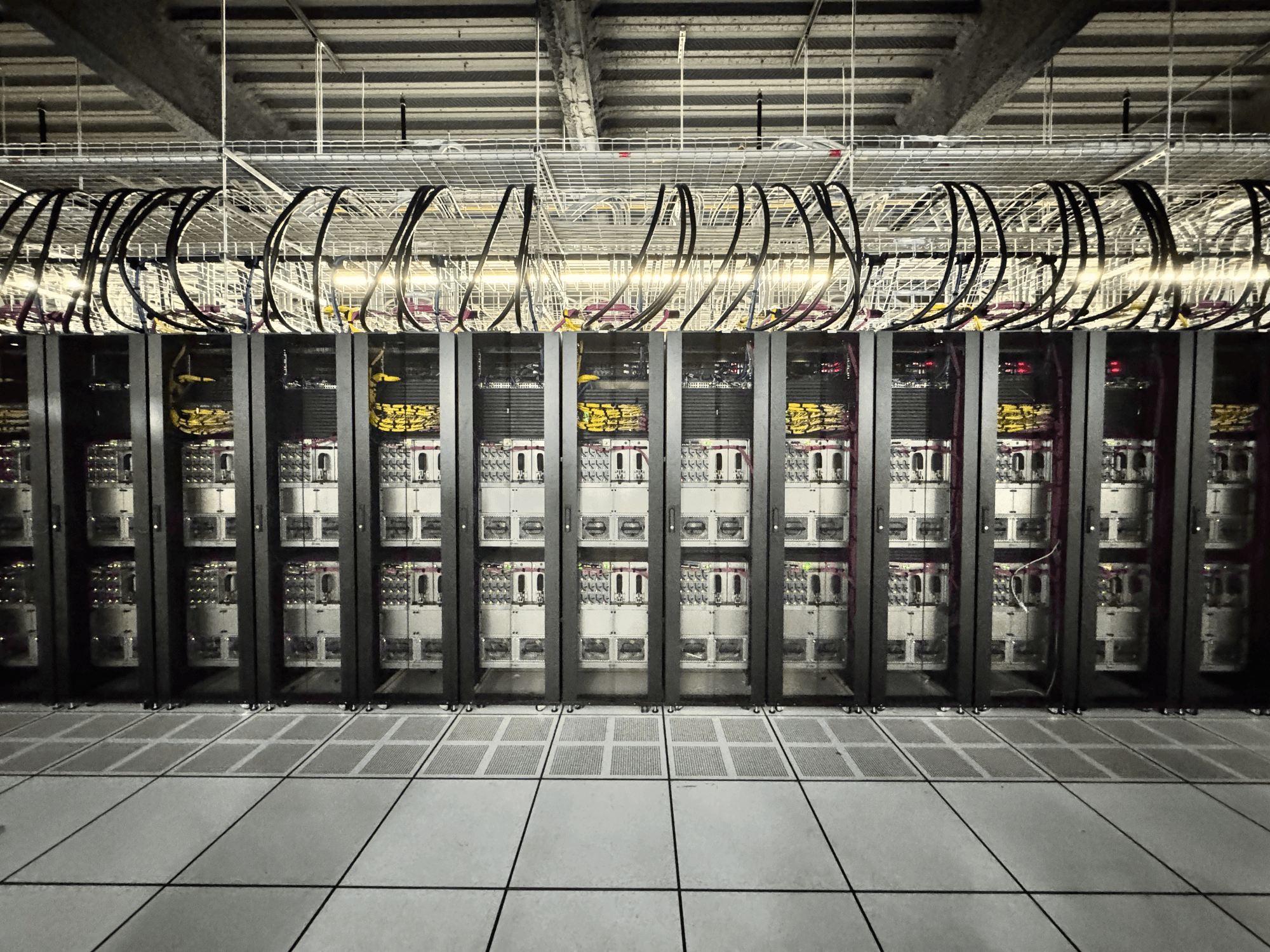 Row of Cerebras CS systems installed in a data-center aisle