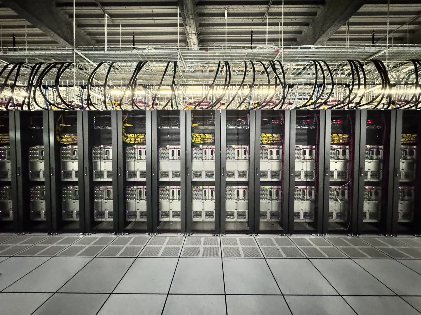 Row of Cerebras CS systems installed in a data-center aisle