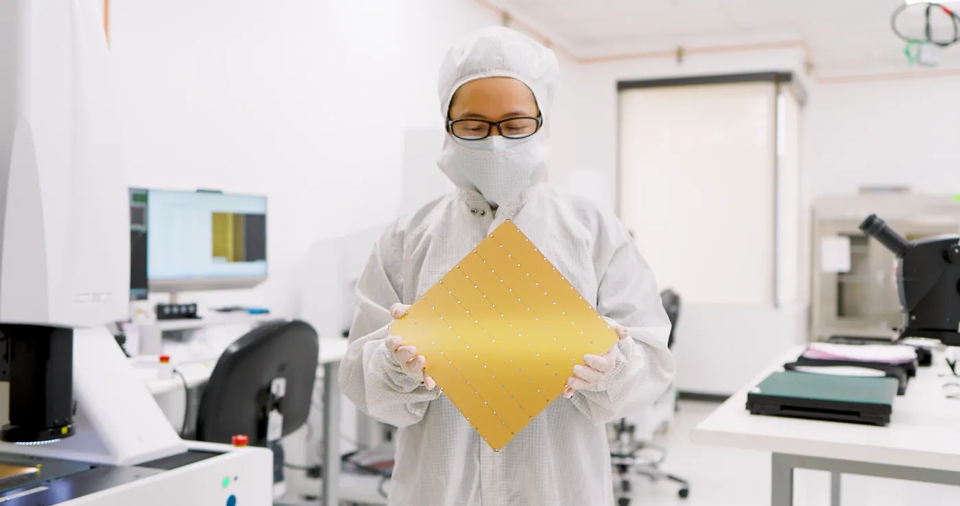Cerebras Wafer-Scale Engine held in a cleanroom