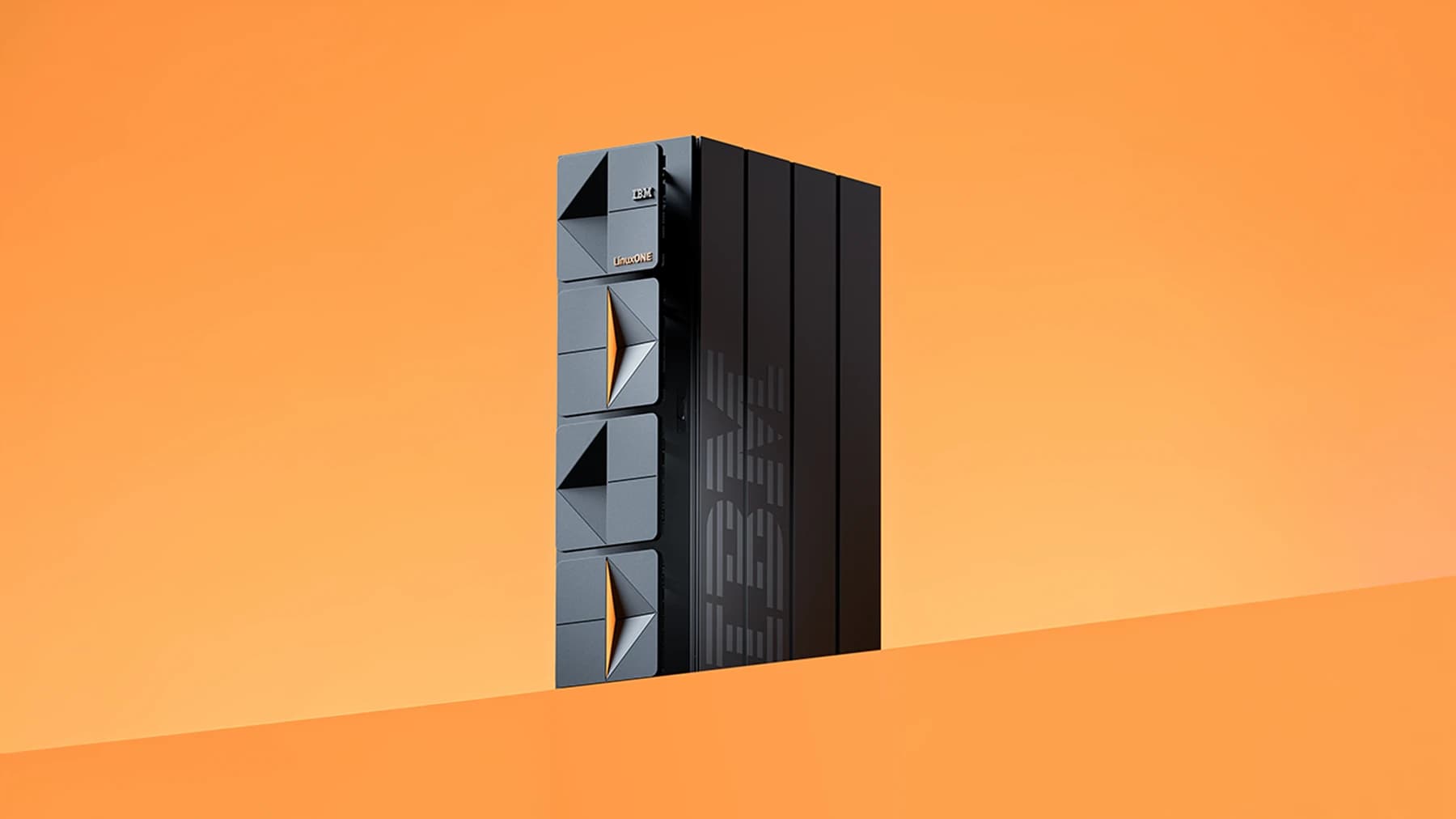 IBM LinuxONE 5 Rockhopper server cabinet with LinuxONE branding on an orange studio background