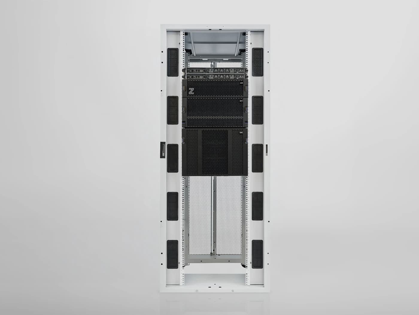IBM z17 rack-mount configuration in a white industry-standard rack with Z-branded drawers