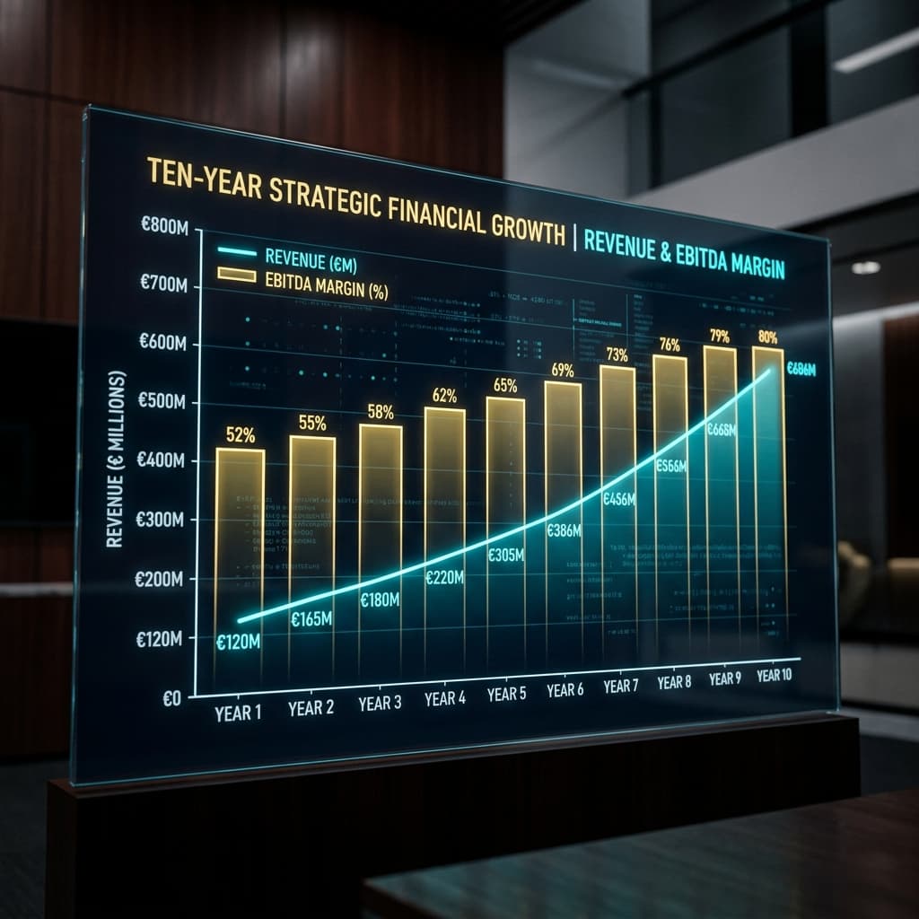 Counsel-gated financial model still — revenue and margin view