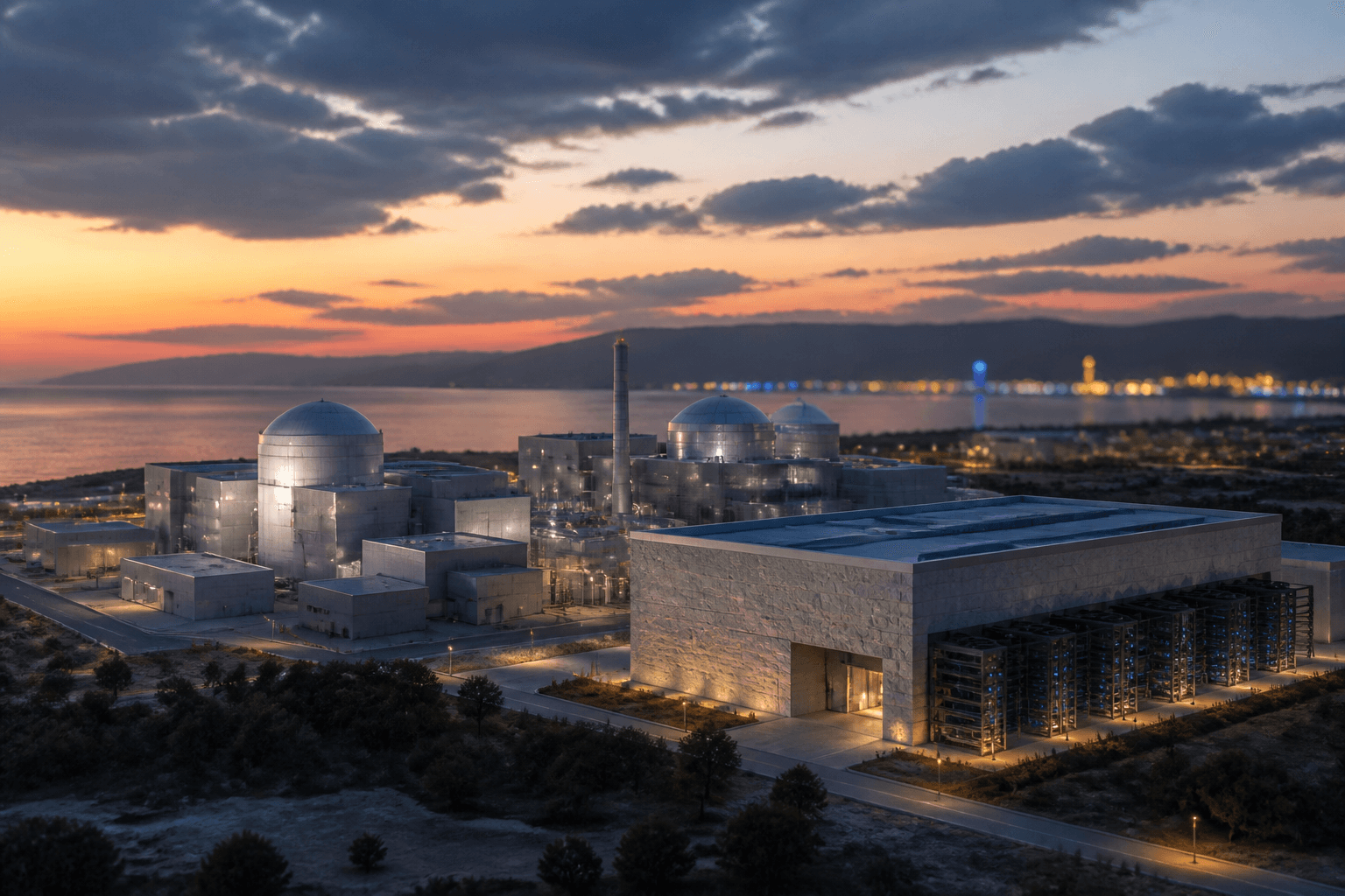 Editorial European SMR campus beside an AI hall — visualisation, not a live plant