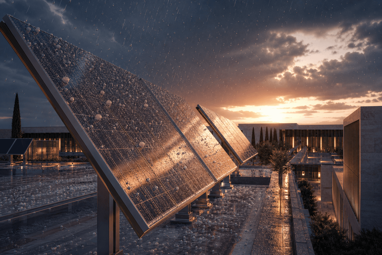 Editorial hail-class bifacial PV on a Mediterranean AI campus — visualisation, not installed fleet