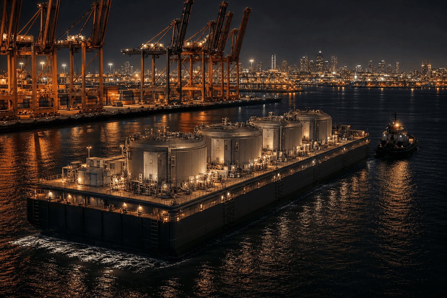 Editorial floating SMR barge at a commercial port — visualisation, not a live plant