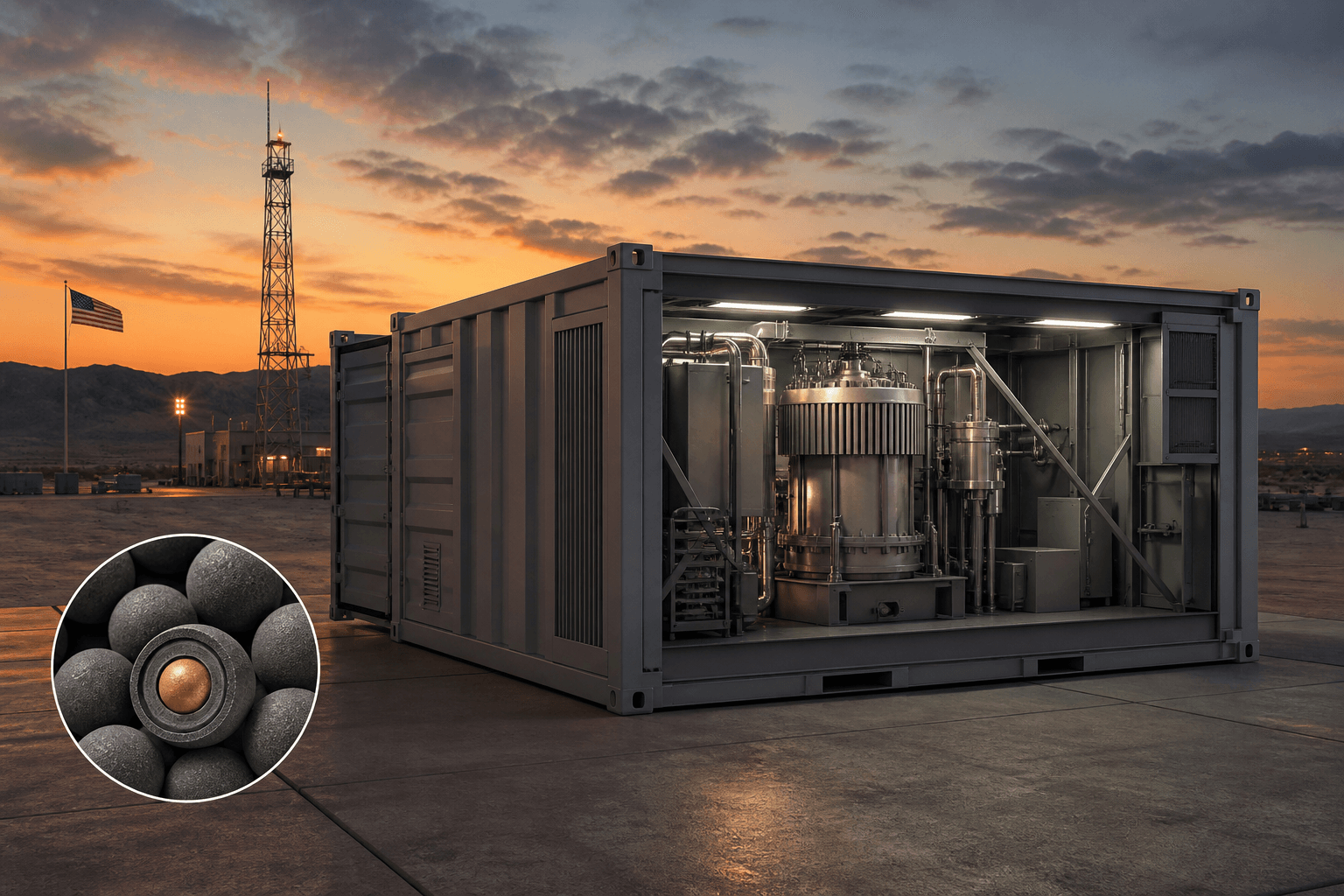 Editorial portable microreactor-in-a-container visualisation — not Radiant product photography
