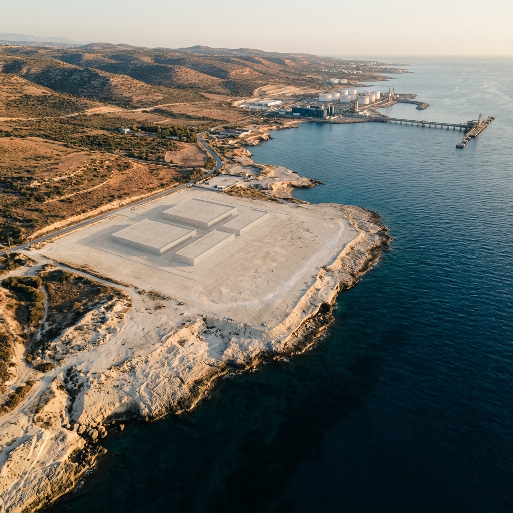 Vasilikos Site A today — waterfront pad under exclusivity, pre-construction.