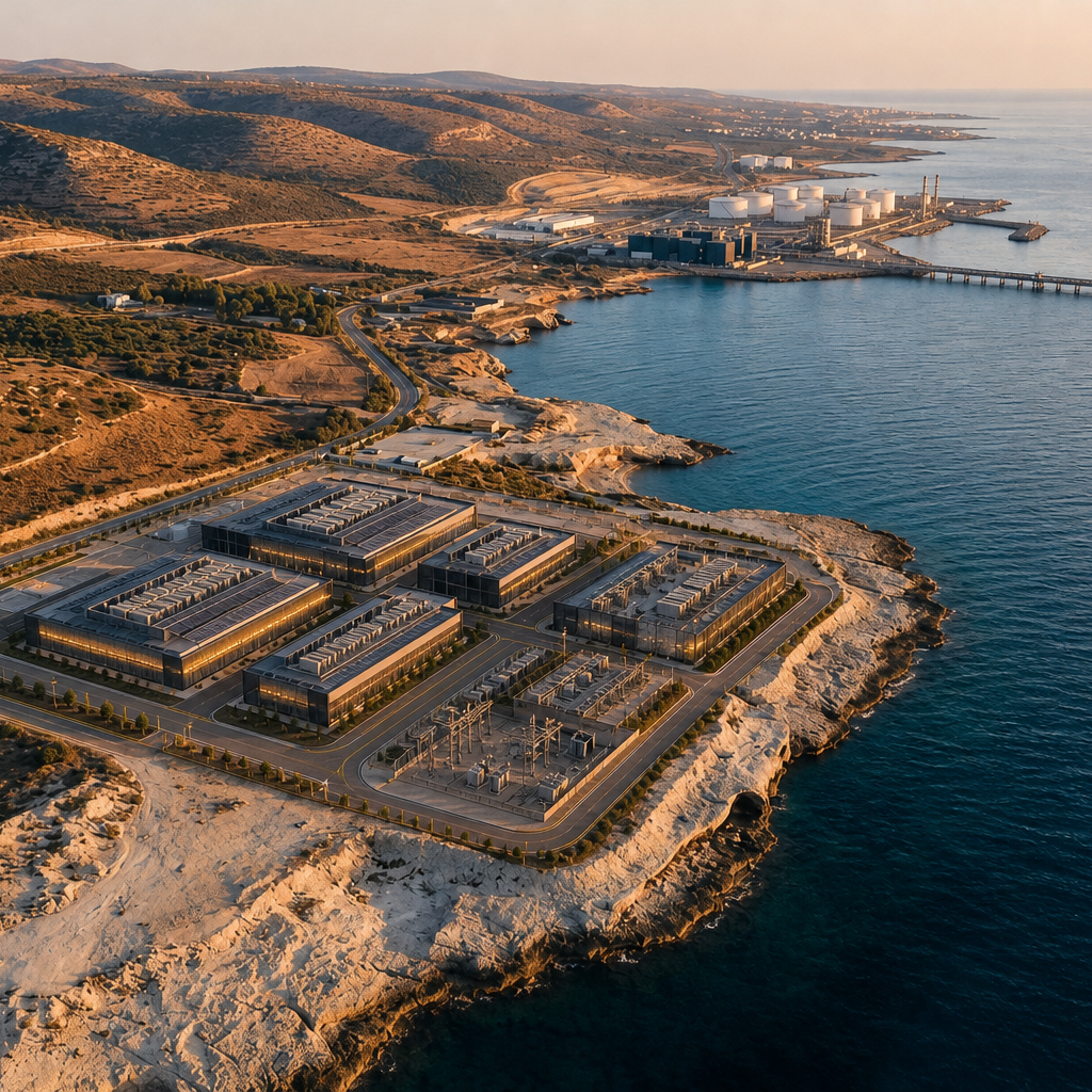 Concept render of the completed AGICY campus on Vasilikos Site A — planned facility, not live operations.
