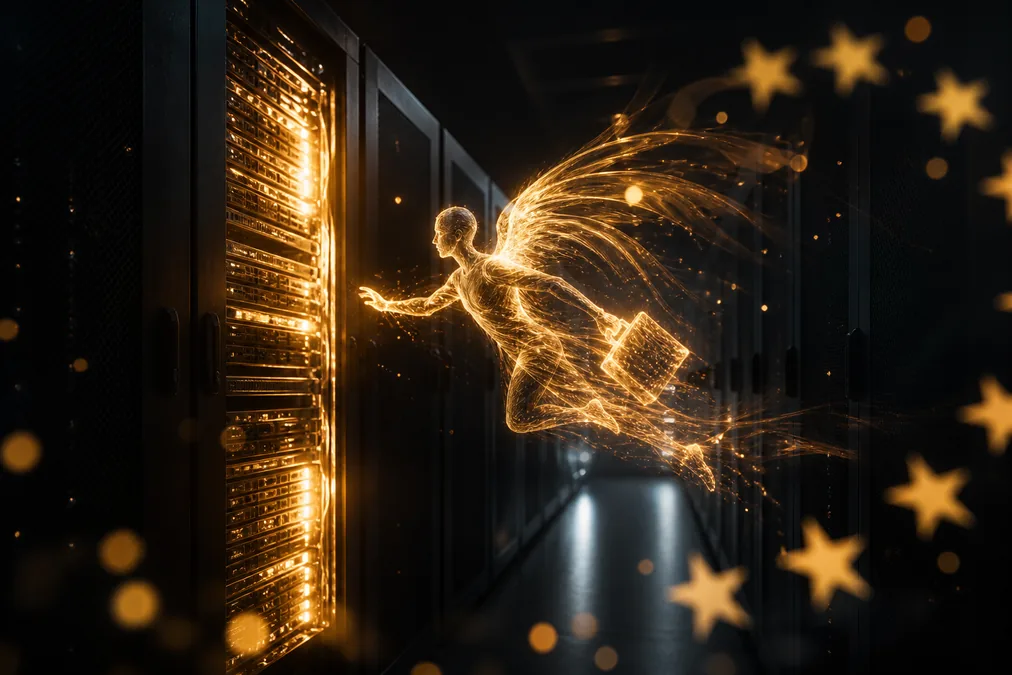 Gold-lit EU datacenter aisle for an always-on Hermes Agent VPS